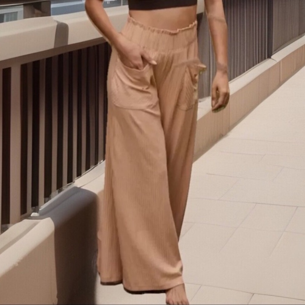Free People Movement Blissed Out Pant Long Wide Leg Stretch Ribbed Brown - Picture 3 of 17